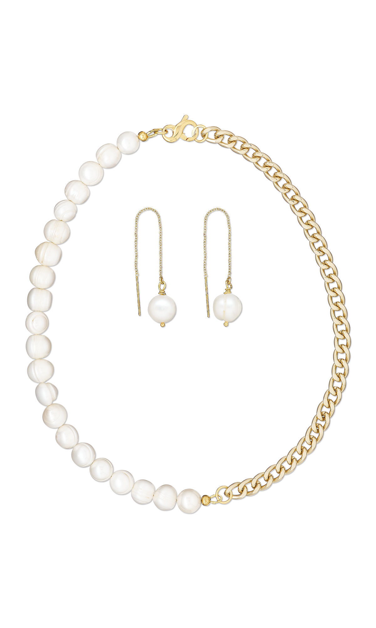 a half-pearl half-chain necklace and pearl drop earrings