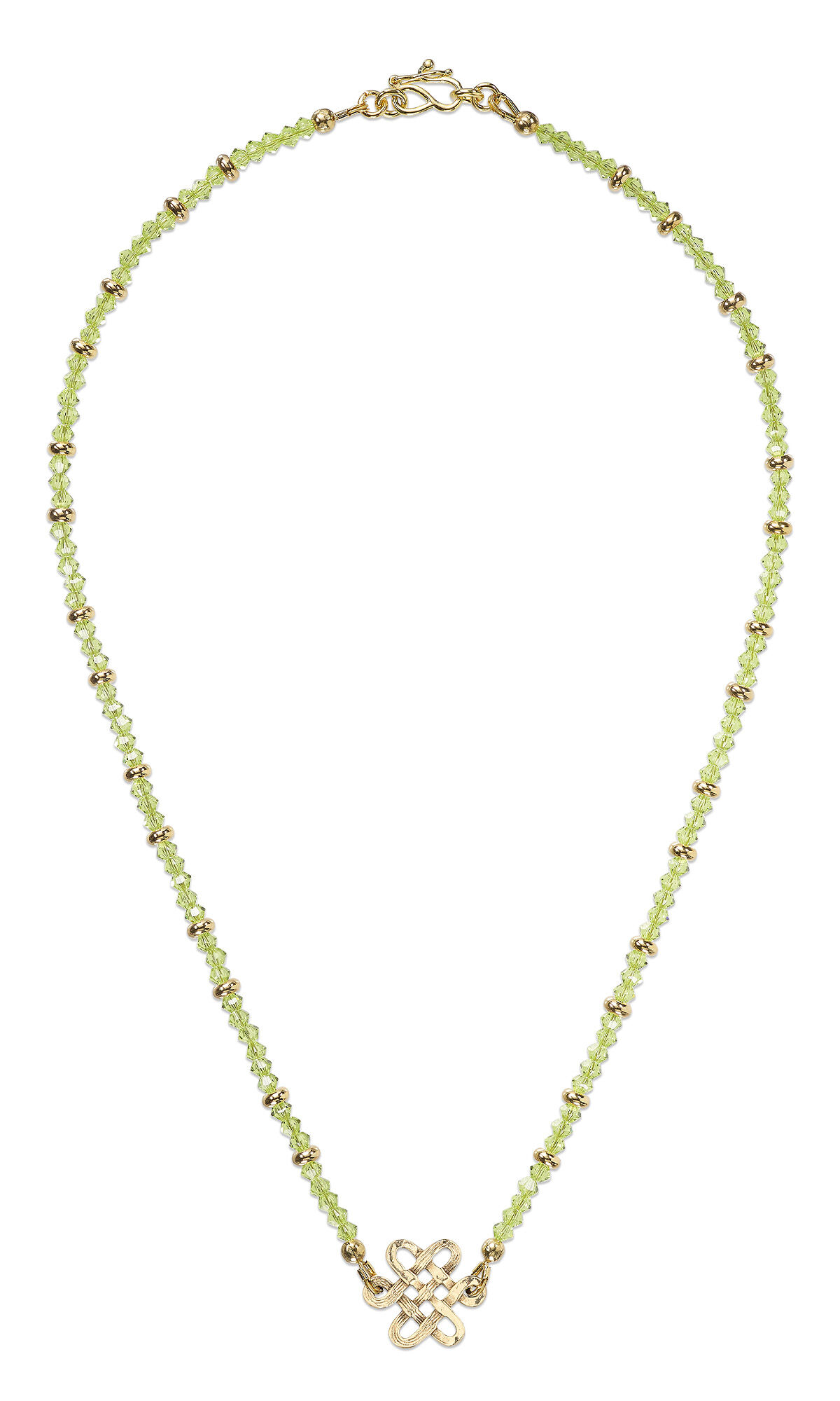 beaded necklace with green crystal beads and celtic knot focal