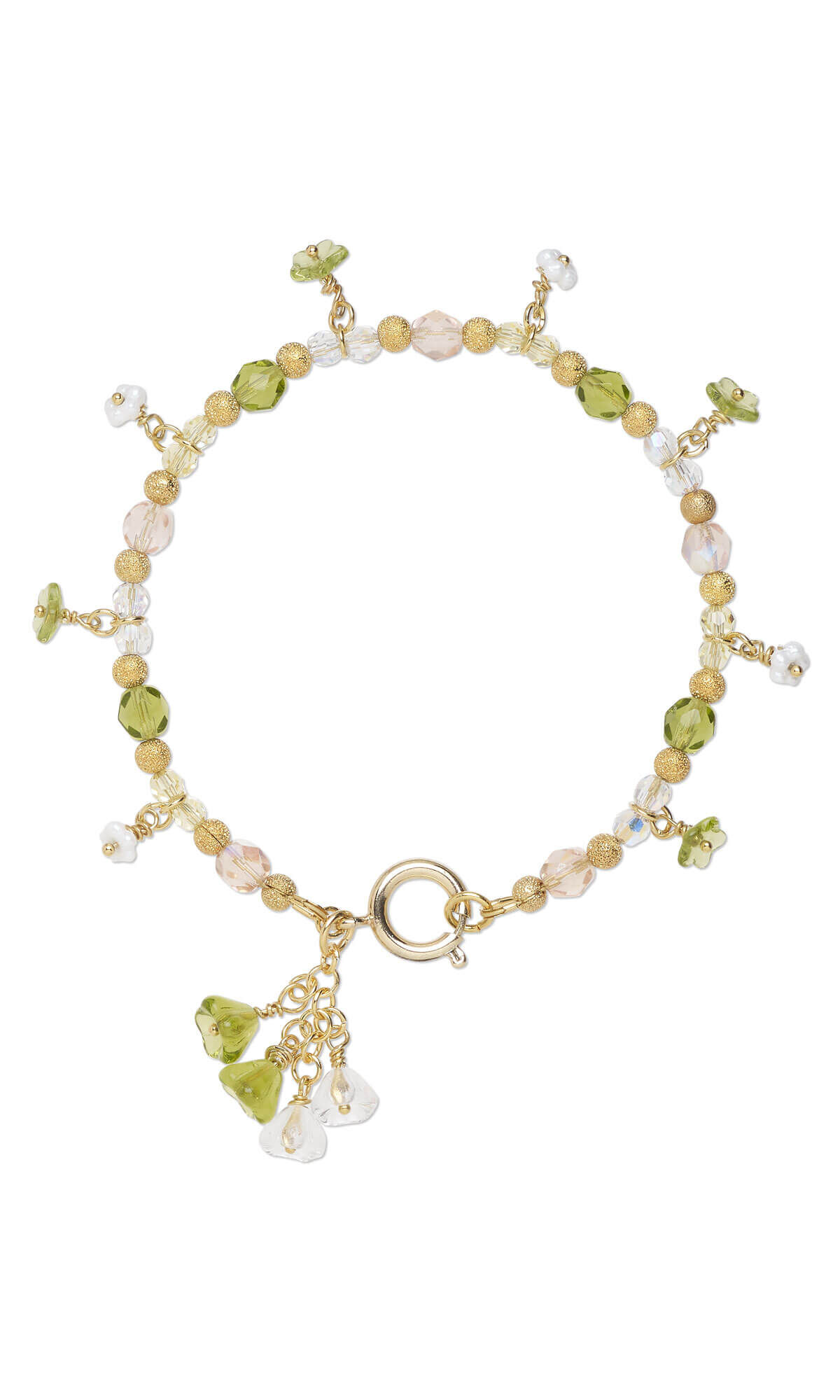Bracelet with green and yellow crystal beads and crystal flower dangles