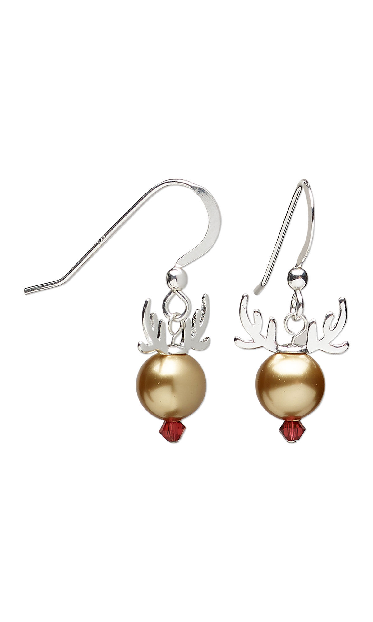 Earrings with silver antlers and gold and red beads