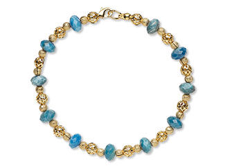 An image of a bracelet made with apatite and metal beads