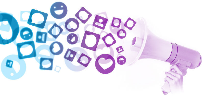Megaphone emitting social media icons and emojis