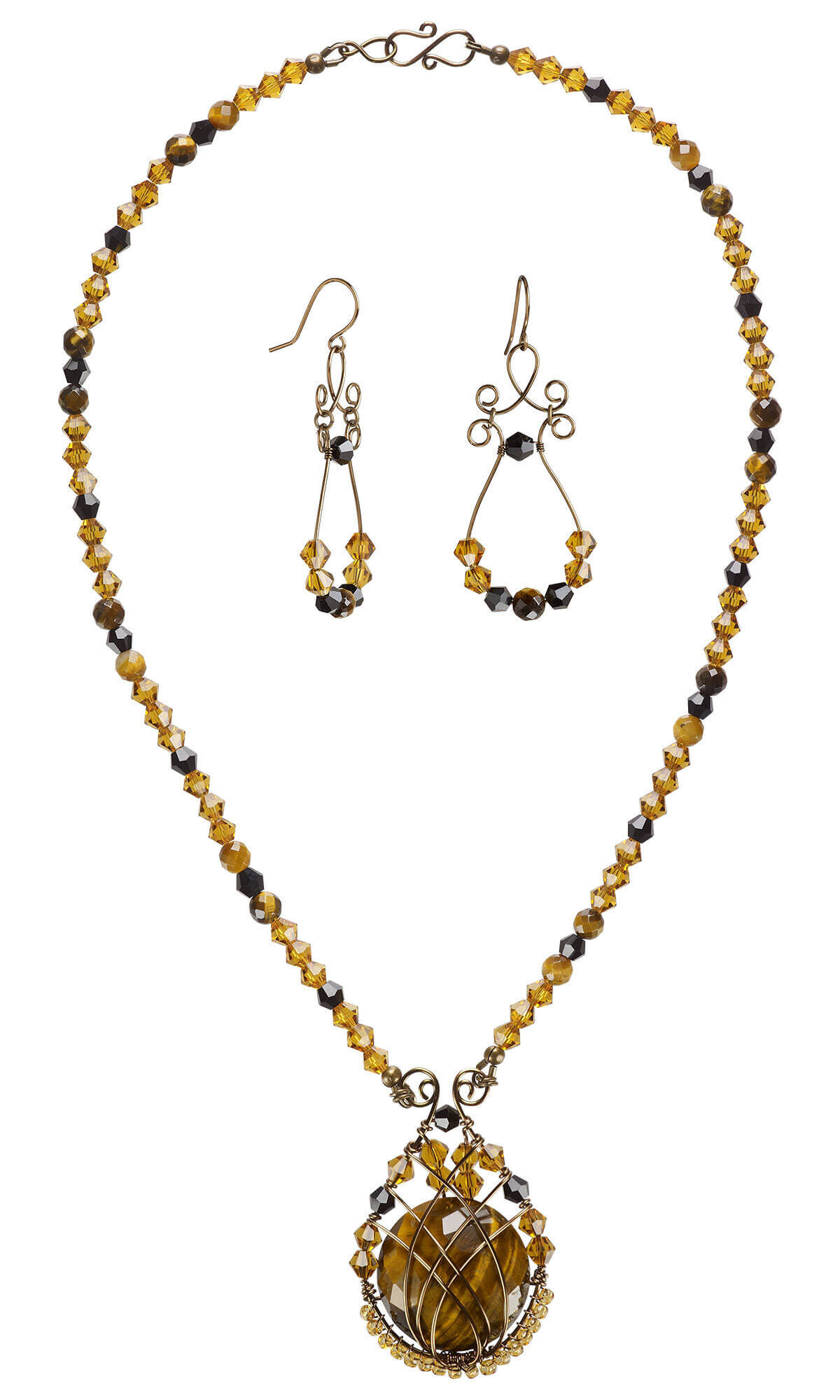 Crystal beaded necklace with wirework and tigereye pendant, and a pair of wirework earrings with crystal beads