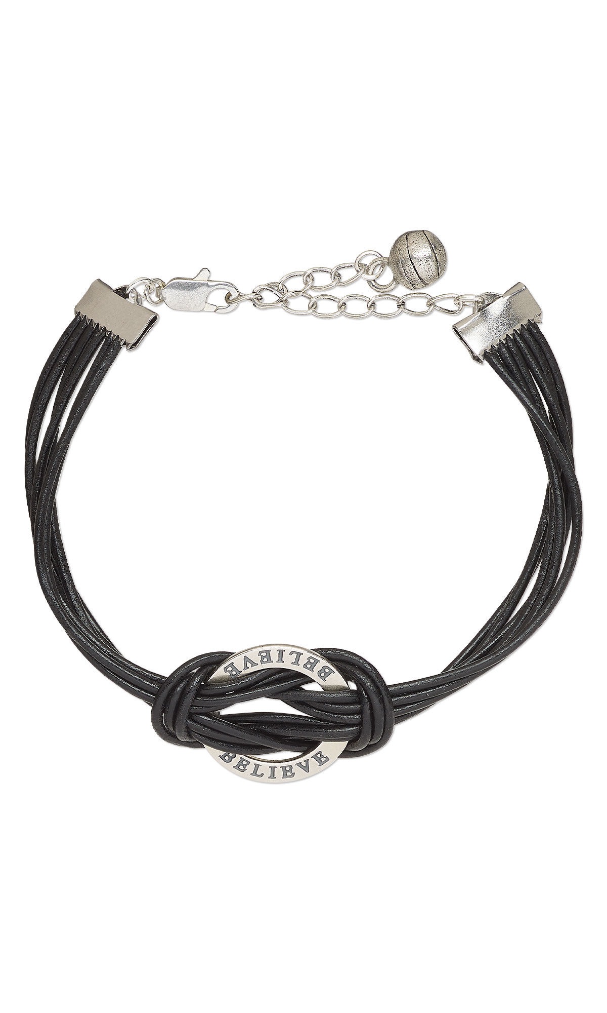 cord bracelet with round "believe" charm focal