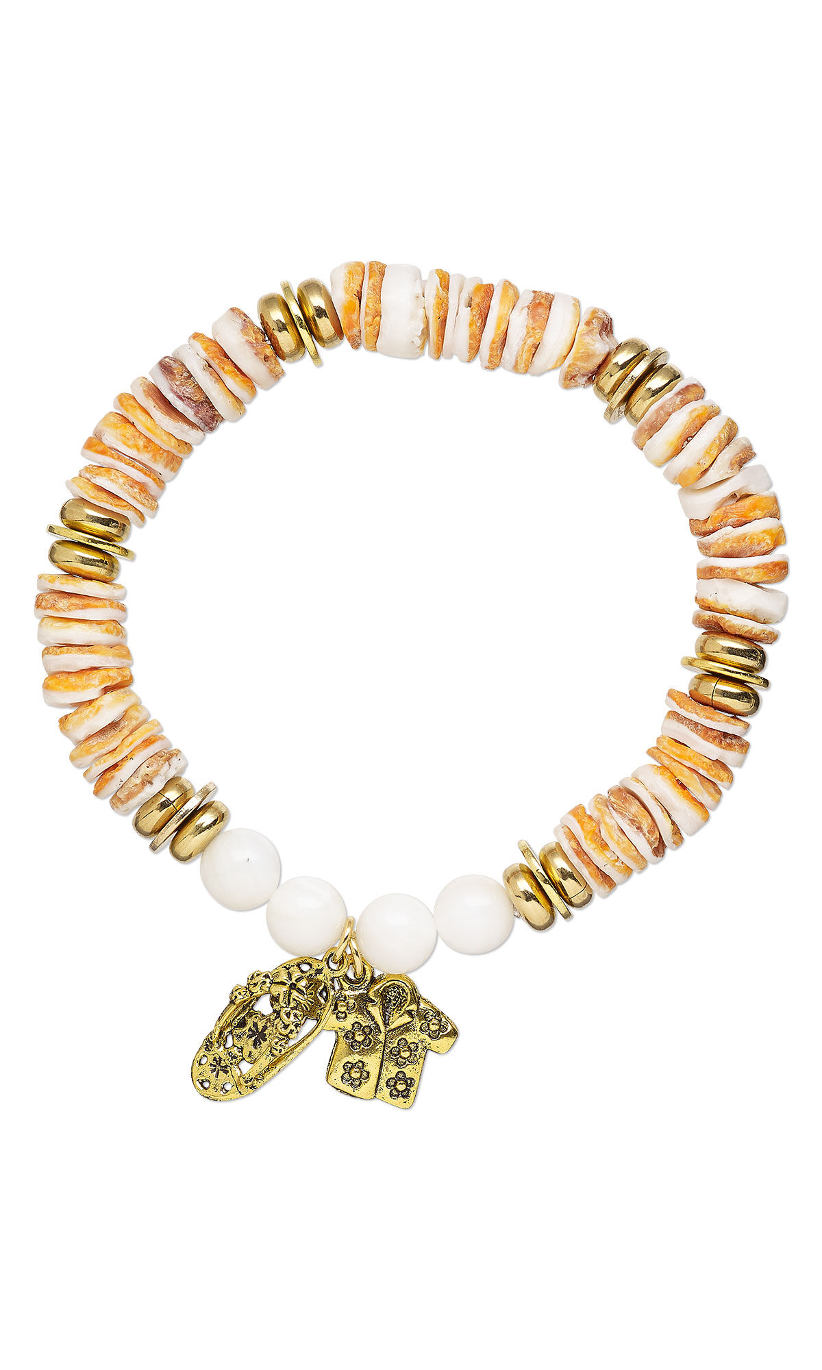 Bracelet with shell beads and sandal and Hawaiian shirt charms