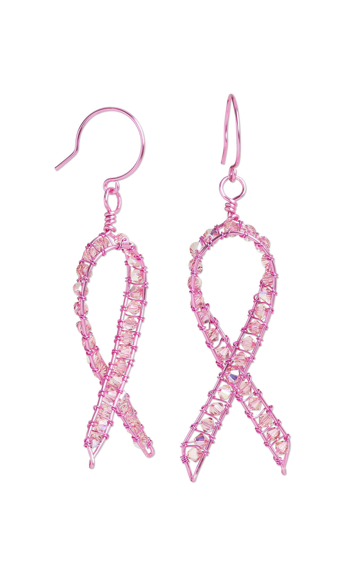 Pink wire and crystal awareness ribbon earrings