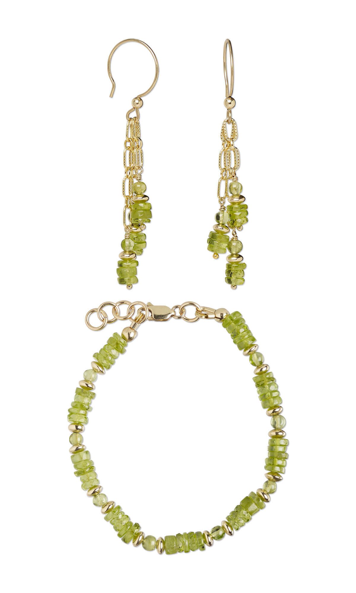A bracelet and earrings with green peridot beads and gold findings