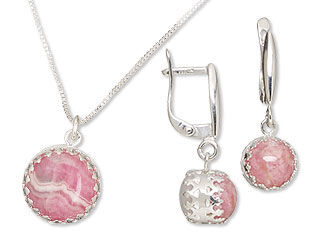 An image of rhodochrosite cabochons earrings and pendant on chain