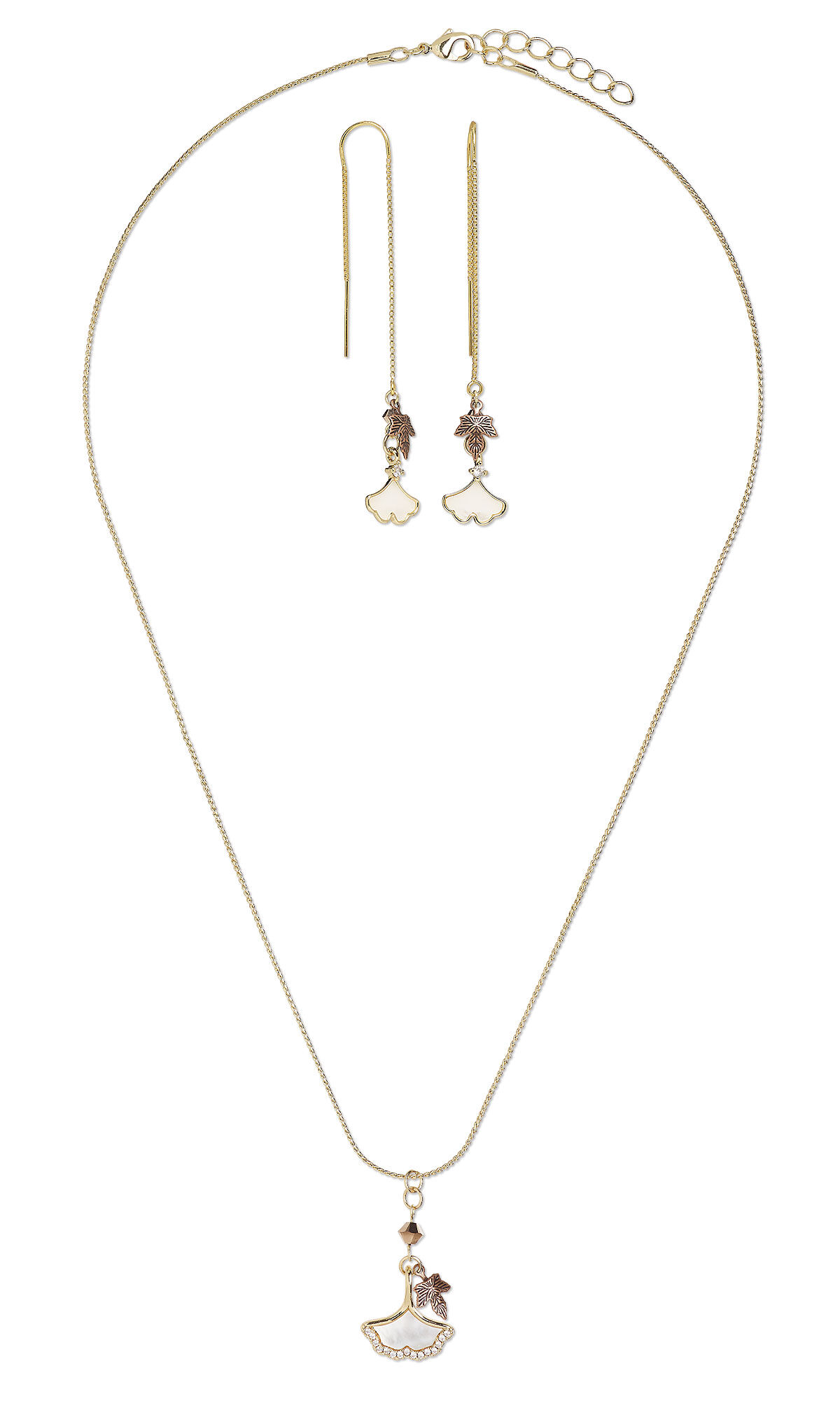 chain necklace with a mother of pearl shell pendant and drops