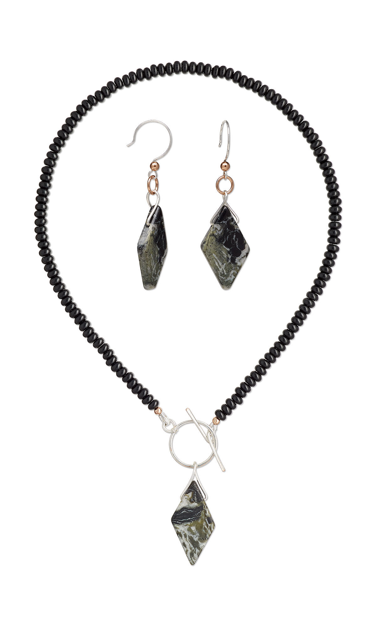 Beaded necklace and earrings with diamond-shaped gemstone focals