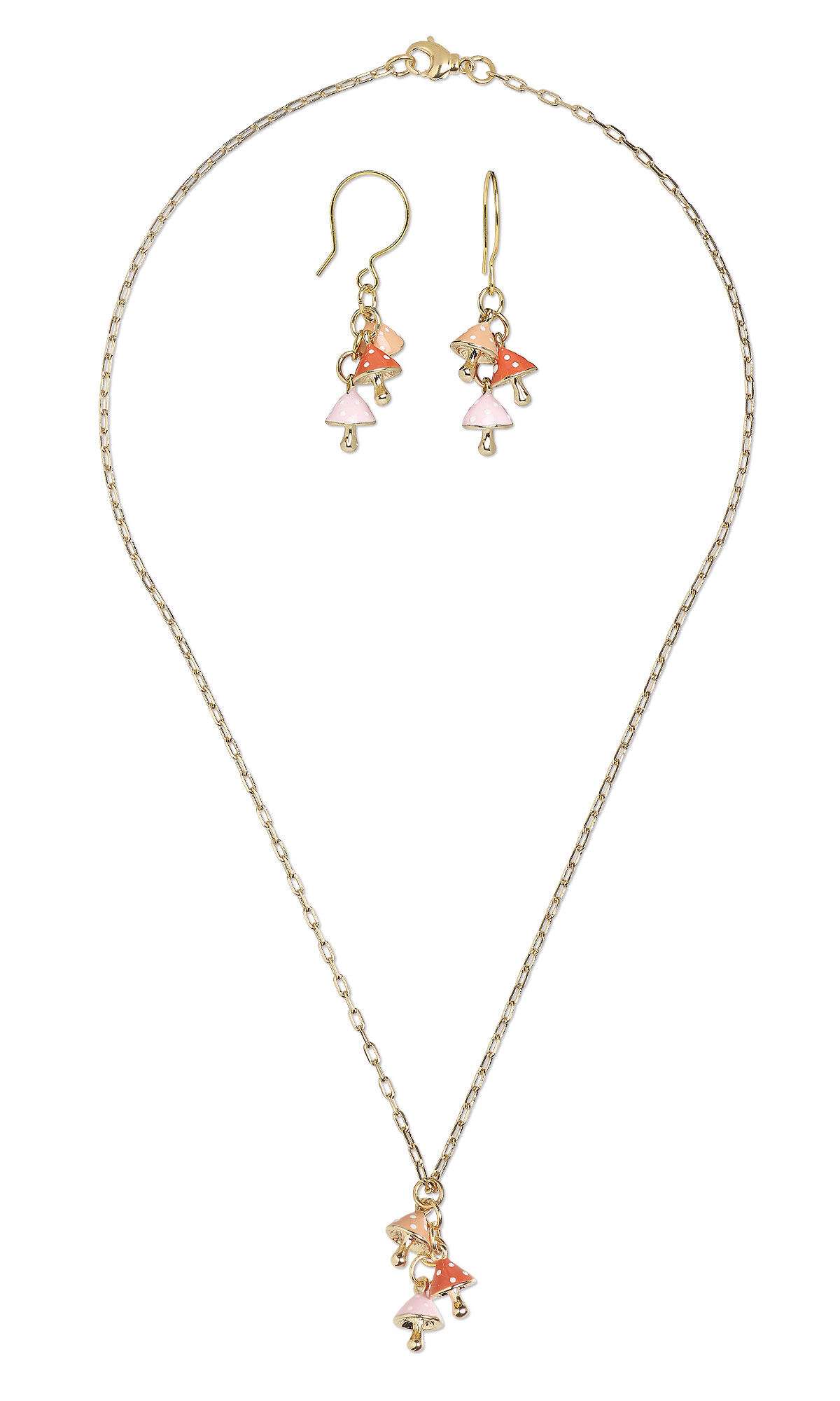 chain necklace and earrings with mushroom charms