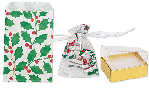 Holiday-themed gift boxes and pouches