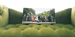 A photograph on a green couch