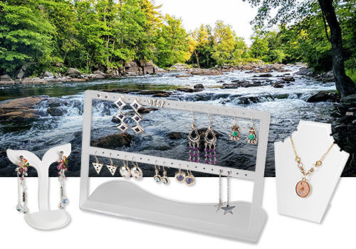 jewelry displays with a river in the background
