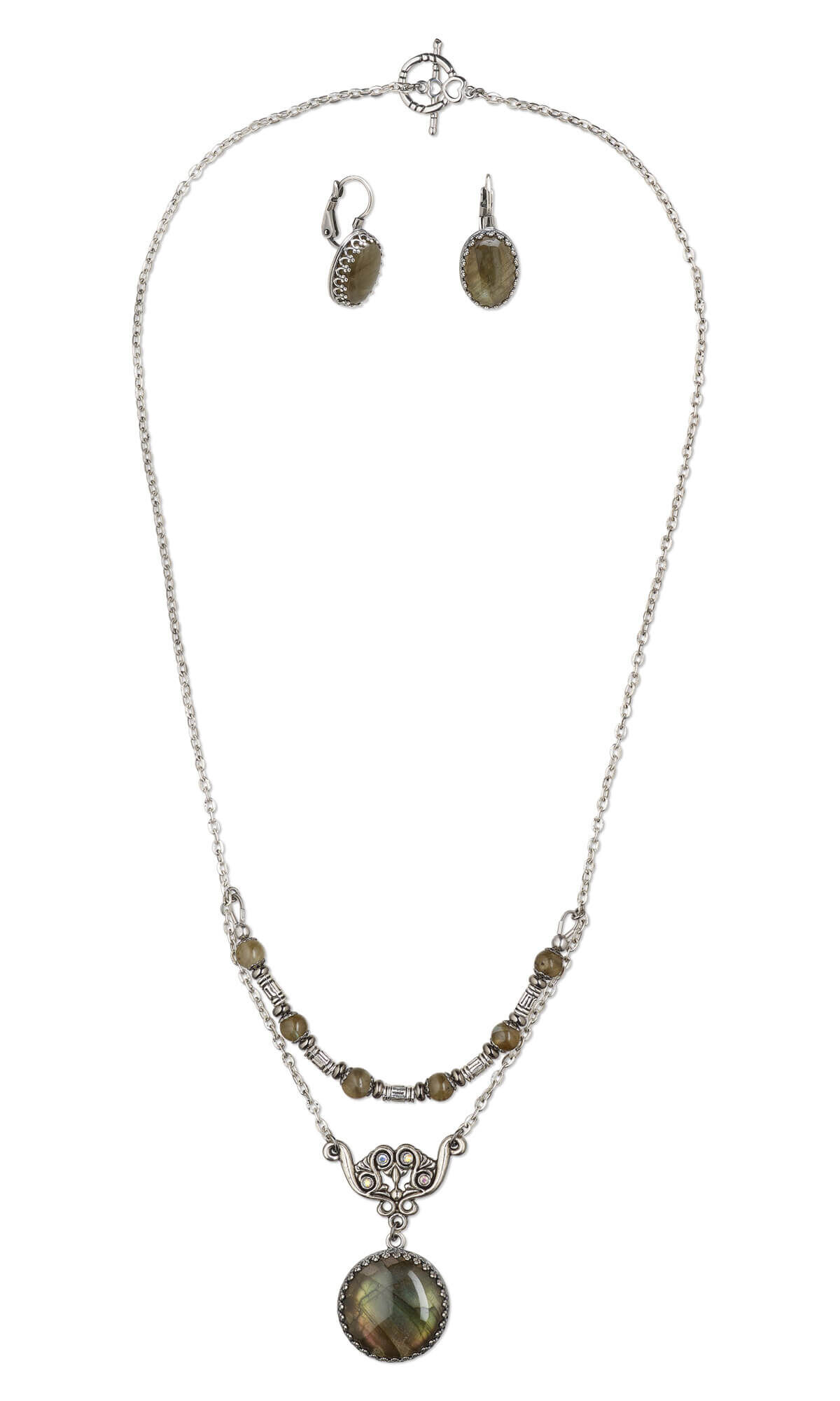 Chain necklace and earrings with a labradorite focal and metal beads