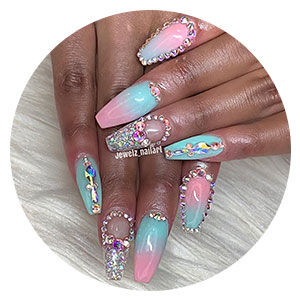 Multicolored nails with embellishments