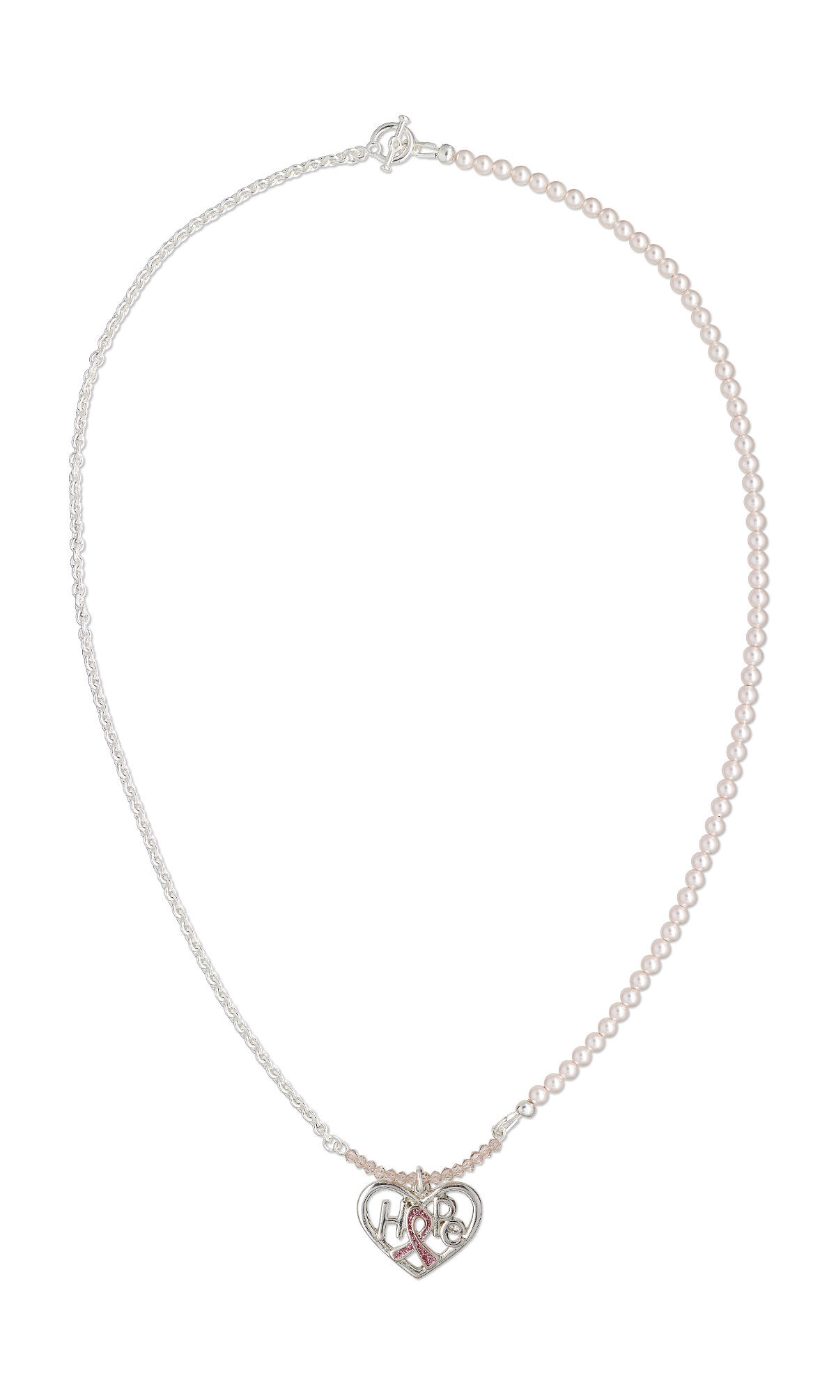 Single strand necklace that is half beaded and half chain with a heart shaped awareness charm