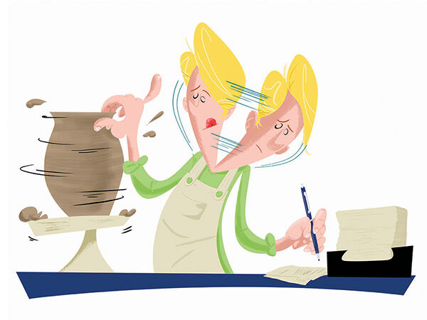 Person alternating between spinning pottery and writing on paper