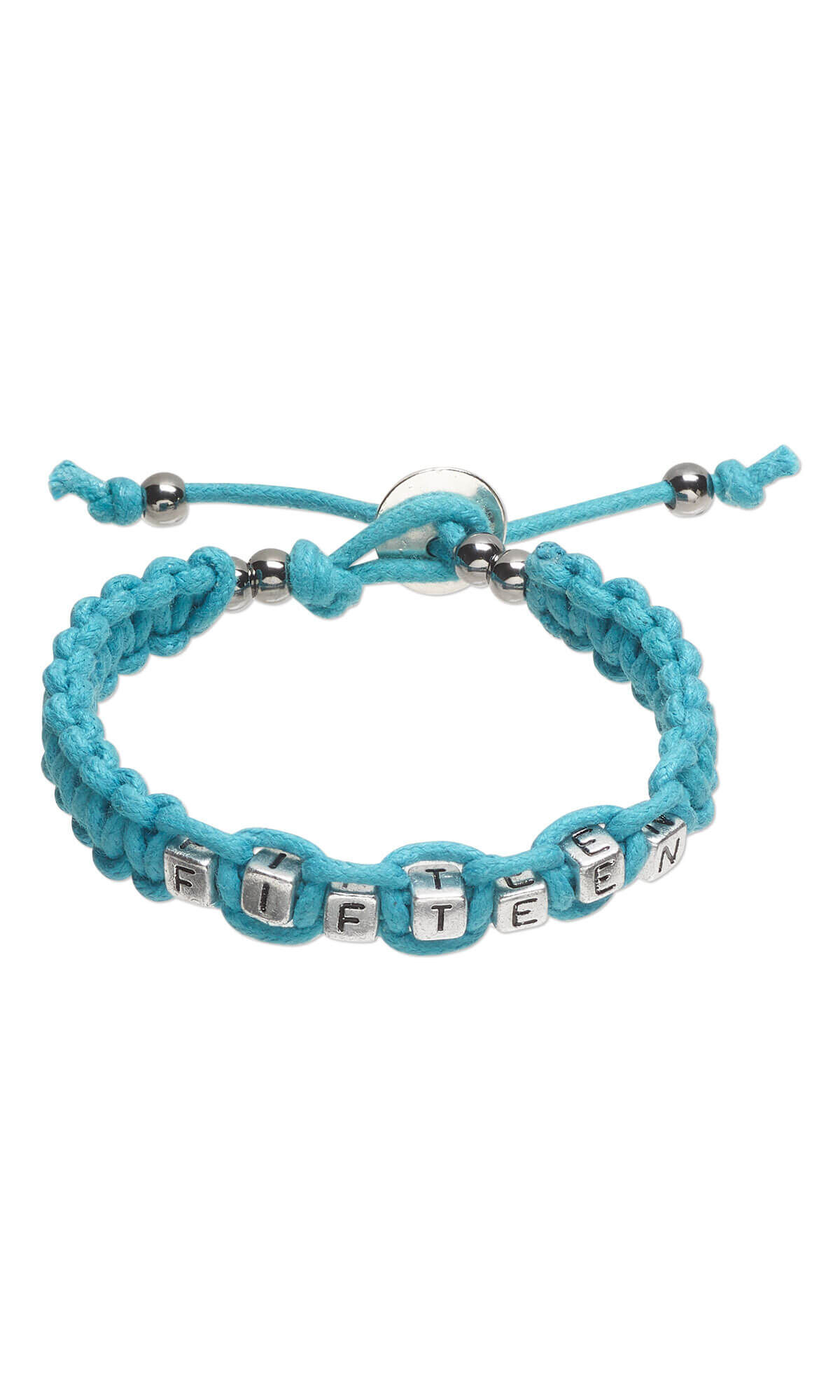 blue friendship bracelet with letter beads spelling the word "fifteen"
