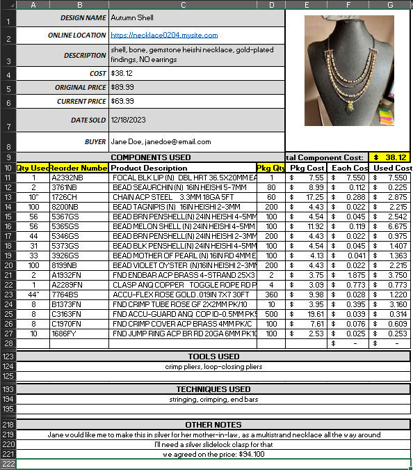 Example of a materials list 