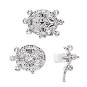 Clasp, 3-strand tab with safety, diamond (natural) and 14KtW white gold