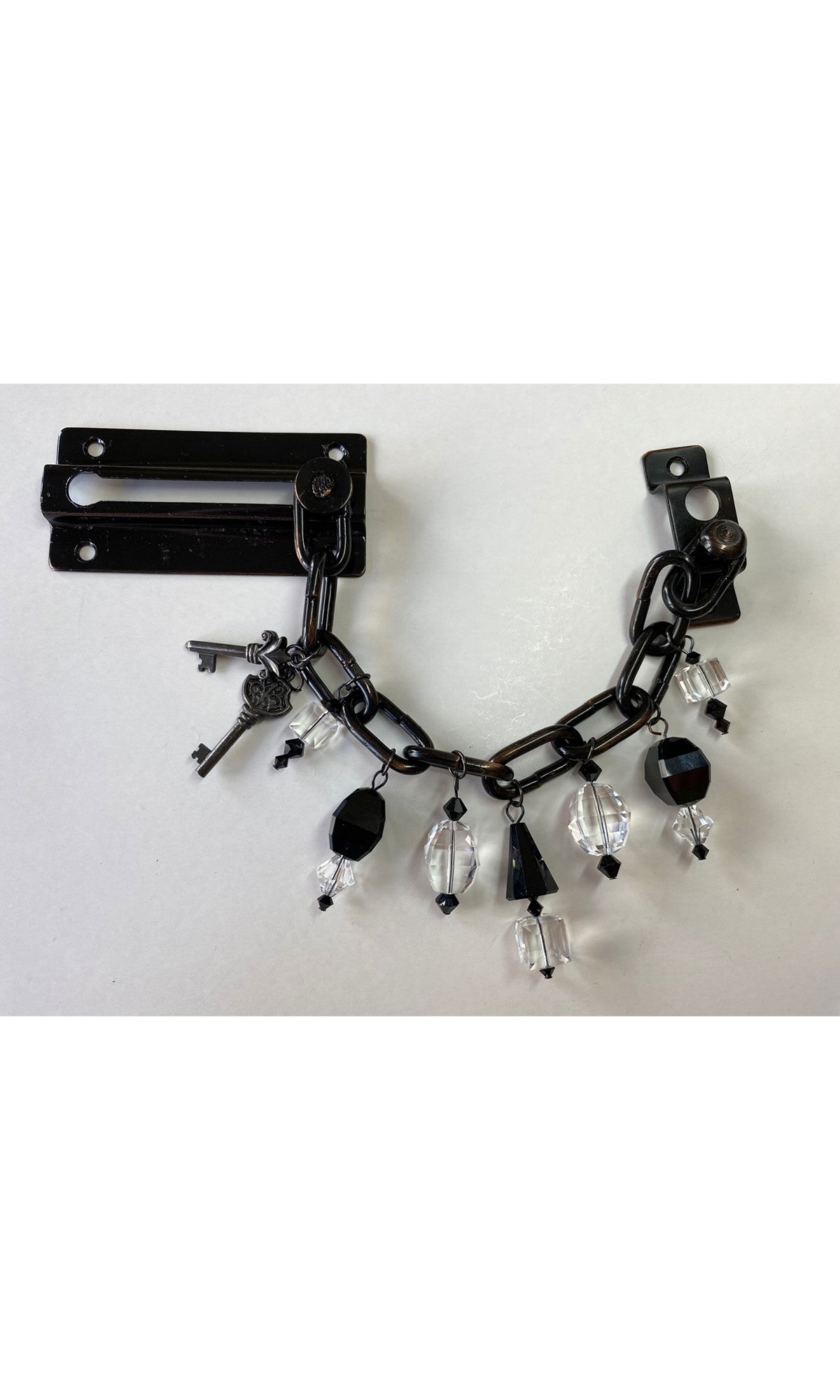 Deadbolt chain with black and clear crystal beads and key-shaped charms