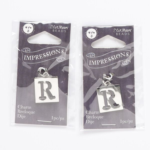 Drop, silver-finished "pewter" (zinc-based alloy) and steel, 16x15mm square with cutout alphabet letter "R." Sold per pkg of 2. image number 0
