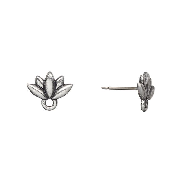 Earstud 1pkg10 TierraCast® pewter (tin-based alloy) / titanium, 11.5x7mm lotus / closed loop / renewal theme, 5 pair image number 0