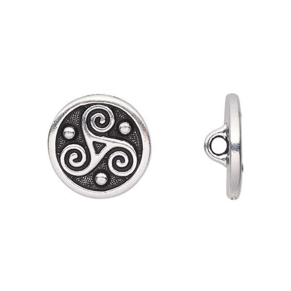 Button, TierraCast®, antique silver-plated pewter (tin-based alloy), 16mm flat round with triskele and loop. Sold per pkg of 20. image number 0