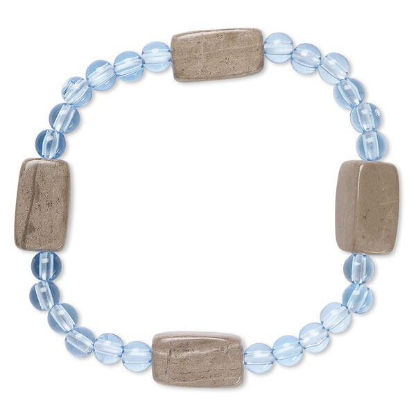 Bracelet, stretch, grey and cream marble (natural) and acrylic, blue, 5mm round and 17x9mm-18x10mm square tube, 6-1/2 inches. Sold individually. image number 0