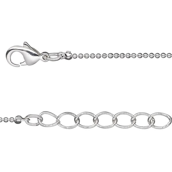 Chain, silver-plated brass, 1mm ball, 24 inches with 1-inch extender chain and lobster claw clasp. Sold per pkg of 2. image number 0