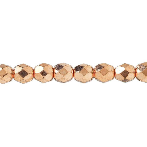 Bead, fire-polished, copper-plated glass, opaque clear, 6mm faceted round. Sold per 15-1/2 to 16-inch strand. image number 0