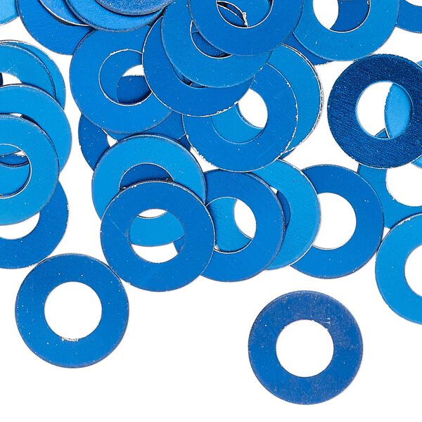 Washer, anodized aluminum, blue, 13mm double-sided flat round blank with 6mm hole, 20 gauge. Sold per pkg of 100. image number 0