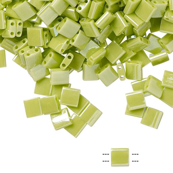 Seed bead, TILA®, glass, pkg/250g, 5mm full tila square, opaque luster apple green, (TL-439). image number 0