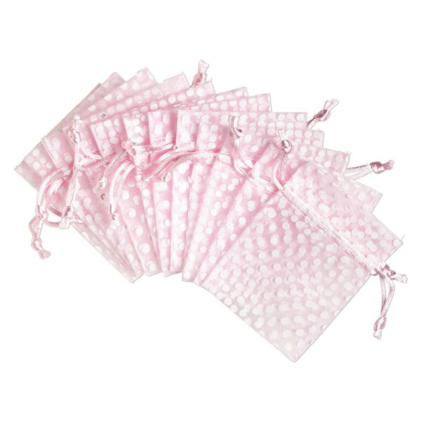 Pouch, organza, light pink and white, 4x3 inches with dots pattern and drawstring closure. Sold per pkg of 12. image number 0