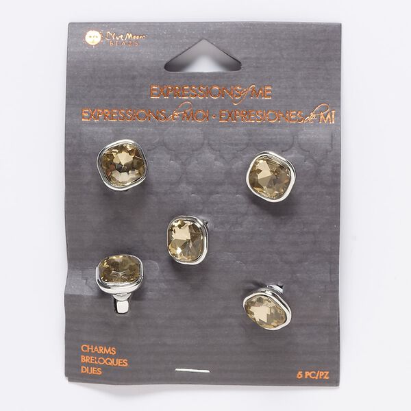 Slide, glass and silver-finished "pewter" (zinc-based alloy), champagne, 12x9mm rounded faceted square, 6.5mm hole. Sold per pkg of 5. image number 0