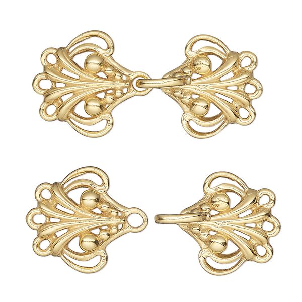Clasp, JBB Findings, 3-strand hook-and-eye, "vermeil," 30x16mm with baroque design. Sold individually. image number 0