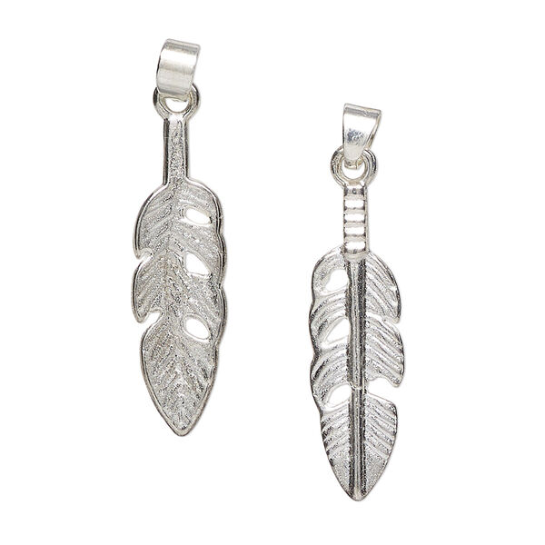 Pendant, silver-finished "pewter" (zinc-based alloy) and steel, 28x8mm-29x9mm double-sided feather. Sold per pkg of 2. image number 0