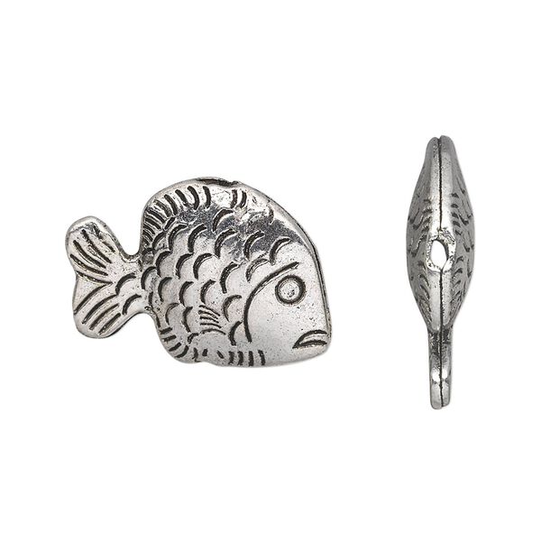 Bead, antique silver-plated "pewter" (zinc-based alloy), 23x15mm hollow fish. Sold per pkg of 10. image number 0