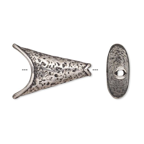 Cone, antique silver-plated pewter (tin-based alloy), 24x17x7mm textured flat, 10x4.5mm inside diameter. Sold individually. image number 0