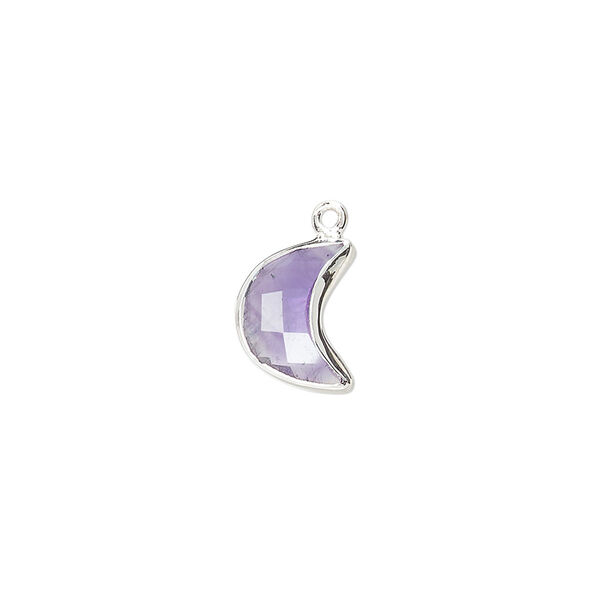 Drop sterling silver amethyst 1pk 11x8mm hand-cut faceted 2-sided half moon, natural image number 0