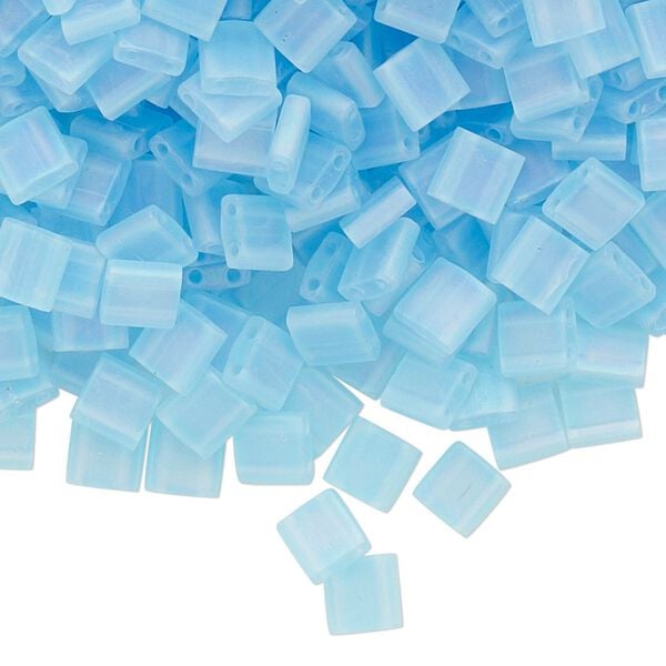 Seed bead, TILA®, glass, pkg/40g, 5mm full tila square, translucent matte rainbow powder blue (TL-148FR). image number 0