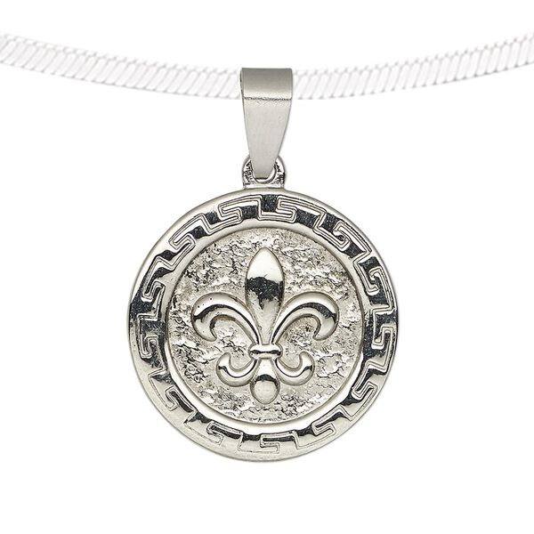 Pendant, stainless steel, 24mm single-sided matte and shiny coin with fleur-de-lis. Sold individually. image number 0