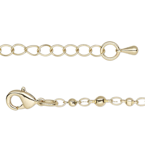 Chain, gold-plated brass, 3.5mm beaded round, 18 inches with 2-inch extender chain and lobster claw clasp. Sold individually. image number 0