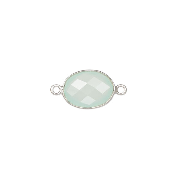 Link, chalcedony (dyed) and sterling silver, aqua blue, 9x7mm-12x10mm oval with 8x6mm-11x9mm hand-cut double-sided faceted flat freeform oval. Sold individually. image number 0