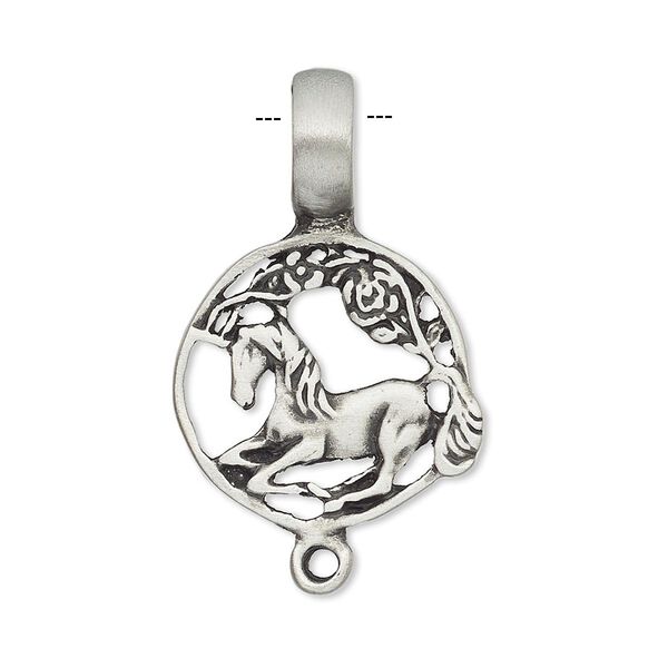 Pendant, antiqued pewter (tin-based alloy), 31x20mm round with horse and loop. Sold individually. image number 0