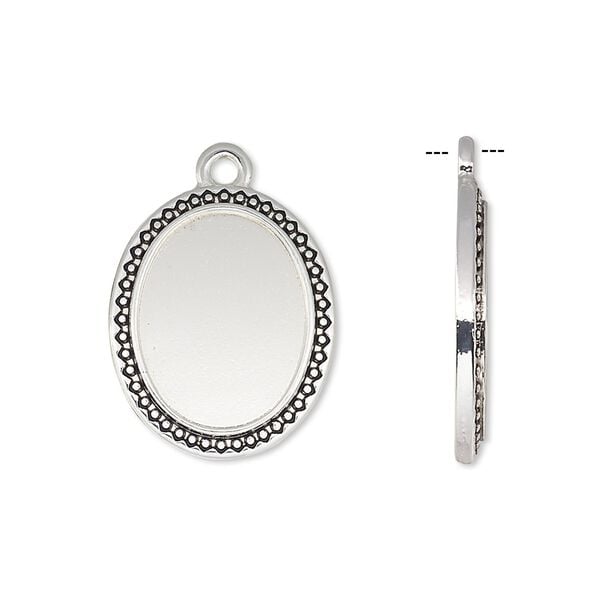 Drop, antique silver-finished "pewter" (zinc-based alloy), 21x17mm oval with beaded and triangle edge with 16x12mm oval setting. Sold per pkg of 6. image number 0