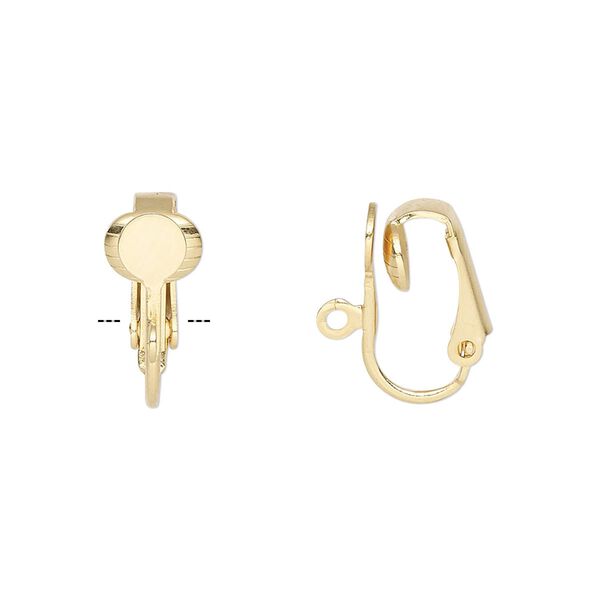 Earring clip-on 1pkg10 gold-plated, 16mm hinged / open loop / 5mm round flat pad setting, steel 5 pair image number 0
