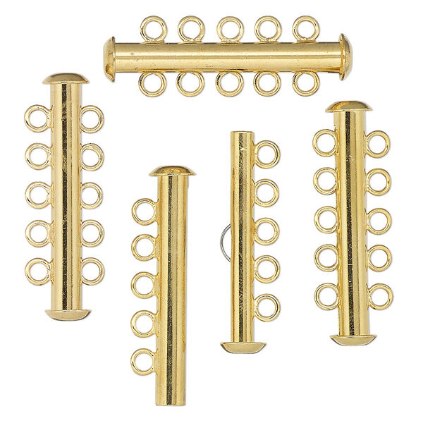 Clasp, 5-strand slide lock, gold-finished brass, 32x10mm tube. Sold per pkg of 4. image number 0