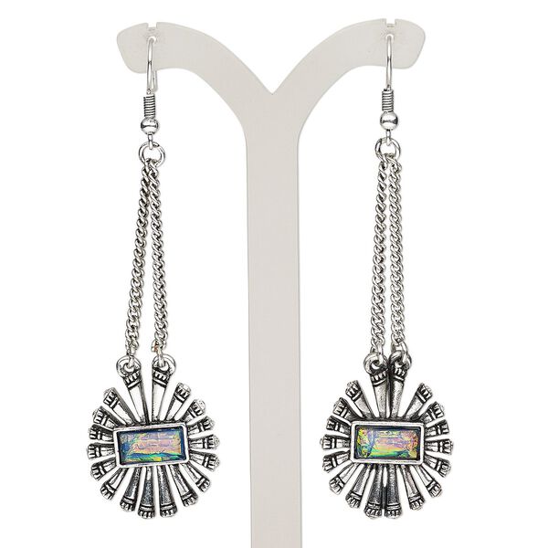Earring, resin / antique silver-plated steel / brass / "pewter" (zinc-based alloy), opalescent multicolored, 3 inches with oval and fishhook ear wire. Sold per pair. image number 0